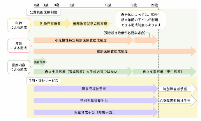 図１　医療的ケア児が利用できる主な医療費助成制度と手当 