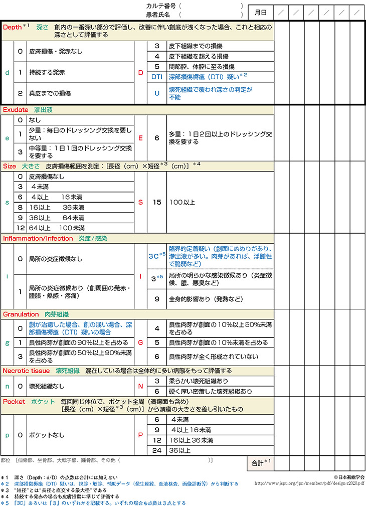 図１ 改定されたDESIGN-R®2020褥瘡経過評価用（青字が変更された箇所）